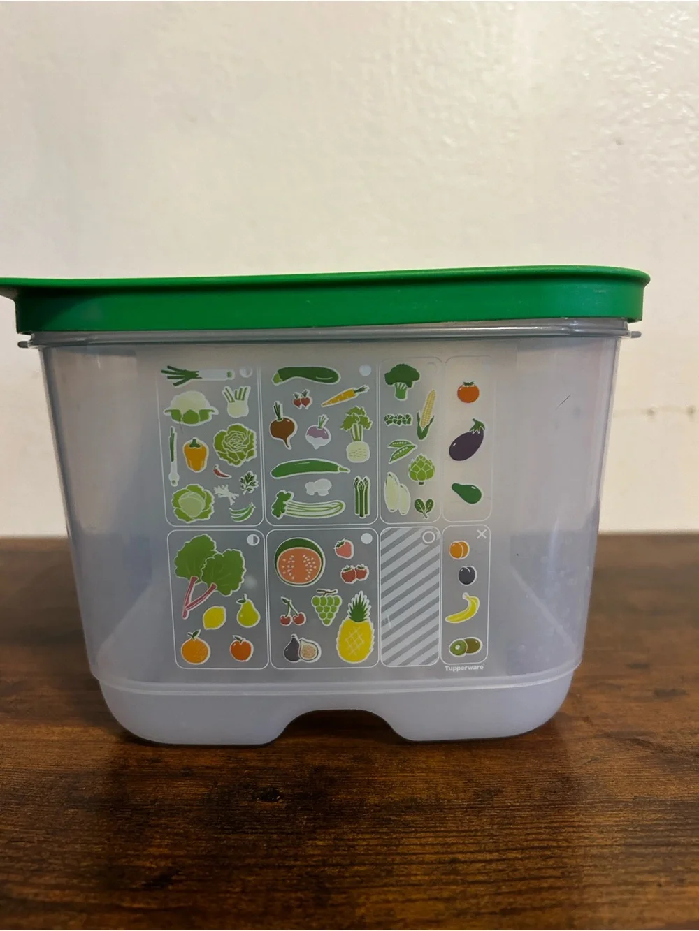 Tupperware Clear Container with Bright Green Lid and Produce Accents